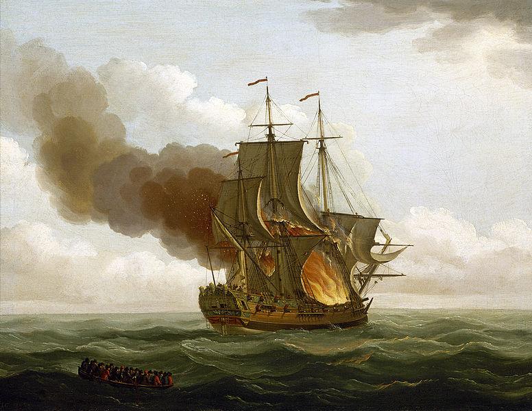 Luxborough Galley on fire: John Cleveley